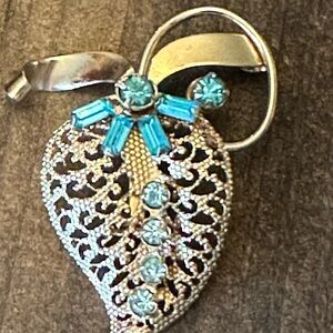 Intricate gold tone and Blue Brooch